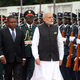 Indian Prime Minister Narendra Modi, foreground, inspects a guard of honour with Mozambique’s President Filipe Nyusi, left, in Maputo.